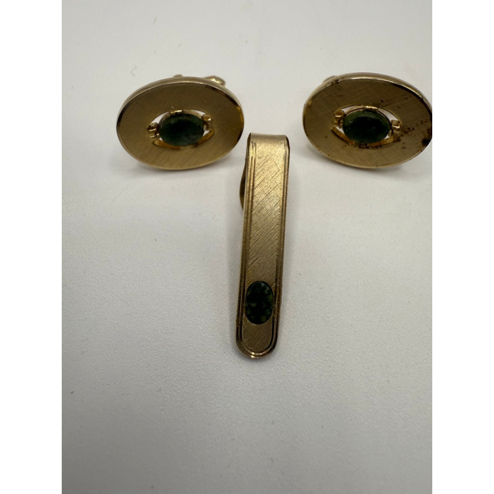 Men's Shields Gold Tone Green Stone Cufflinks & Tie Clip Set One Size